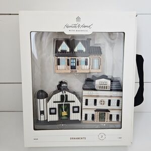 NWT Magnolia Farms Hearth & Hand 2018 Wood Christmas Ornaments Farmhouse Barn